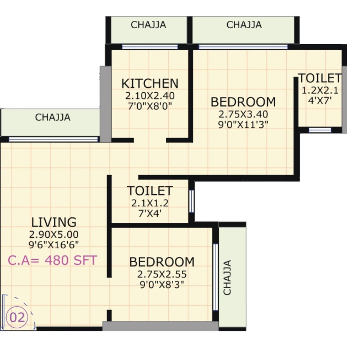 Gami-Jade-Floor-Plan-2 BHK-Unit-2-480-Sqft